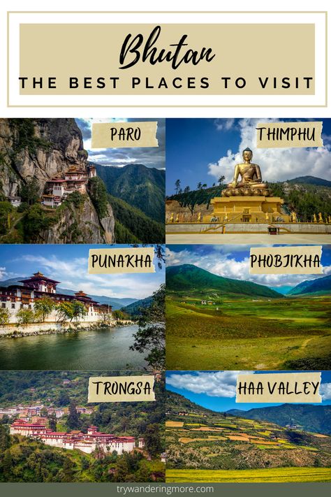 The best places to visit in Bhutan are Paro, Thimphu, Punakha, Phobjikha Valley, Trongsa and Haa Valley Bhutan Itinerary, Bhutan Travel, Travel Infographic, Holiday Travel Destinations, Travel Destinations Asia, Asia Travel Guide, Asia Destinations, Dream Travel Destinations, Tourist Places