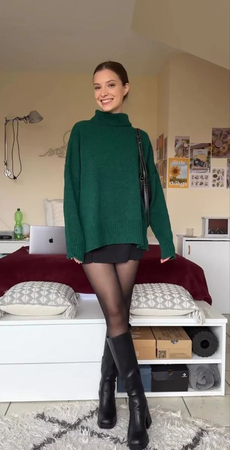 Blazer Skirt Knee High Boots, Petite Goth Outfits, Bookish Vibe Outfit, Skirt Big Sweater Outfit, Slightly Feminine Outfits, Italy December Outfits, Soft Sophisticated Aesthetic, Warm Outfits For Spring, Dress Aesthetic Long Sleeve