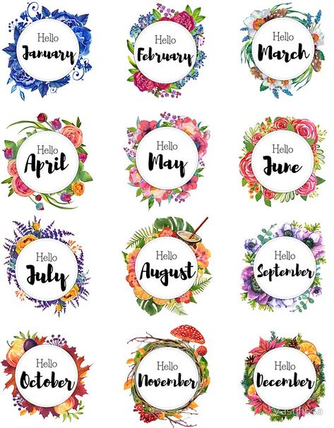 "All Months - for bullet journals, diaries, planners and more" Stickers by vasylissa | Redbubble Bujo Design, Kalender Design, طابع بريدي, 그림 낙서, Graduation Signs, Bullet Journal Writing, Jenny Yoo, Months Of The Year, Bullet Journal Stickers