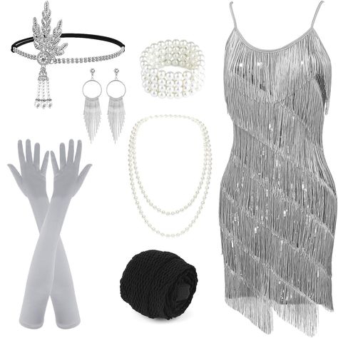 PRICES MAY VARY. 1920s Accessories for Women Pack: 1 * 1920s sequin tassel flapper dress, 1 * headband, 1 * pearl necklace, 1 * pearl bracelet, 1 * black holder, 1 pair earrings(2pcs), 1 pair long gloves(2pcs), 1 pair fishnet tights READ BEFORE BUYING: Medium: 33.86(bust/in), 29.13(waist/in), 35.04(hips/in), 35.83(length/in); Large: 35.43(bust/in), 30.71(waist/in), 36.61(hips/in), 36.22(length/in); X-Large: 37.80(bust/in), 33.07(waist/in), 38.98(hips/in), 36.22(length/in); XX-Large: 39.37(bust/i Great Gatsby Party Outfit Women, Gatsby Party Outfit Women, Roaring 20s Party Outfit, Dresses Christmas Party, Party Dress Knee Length, 20s Accessories, Gatsby Party Outfit, Flapper Outfit, Art Themed Party