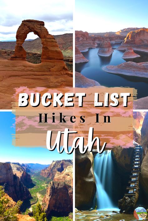 4 different pictures on utah hikes: Delicate Arch, reflection canyon, angel's landing and kanarra Creek Nature, Utah In September, Utah In October, Stansbury Island Utah, Salt Lake City Utah Things To Do In, Utah Hiking Trails, Hiking Bucket List, Hiking In Utah, Wyoming Hiking