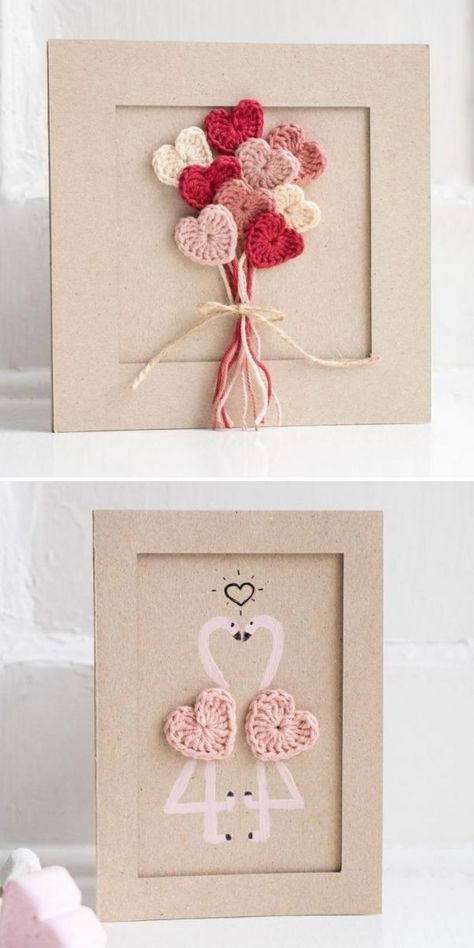 Crochet Flower Card, Crochet Heart Ideas, Crochet Card Ideas, Crochet Cards Ideas, Valentines Crochet Ideas, Crochet Heart Applique, Crochet Cards, Crochet Presents, Free Heart Crochet Pattern