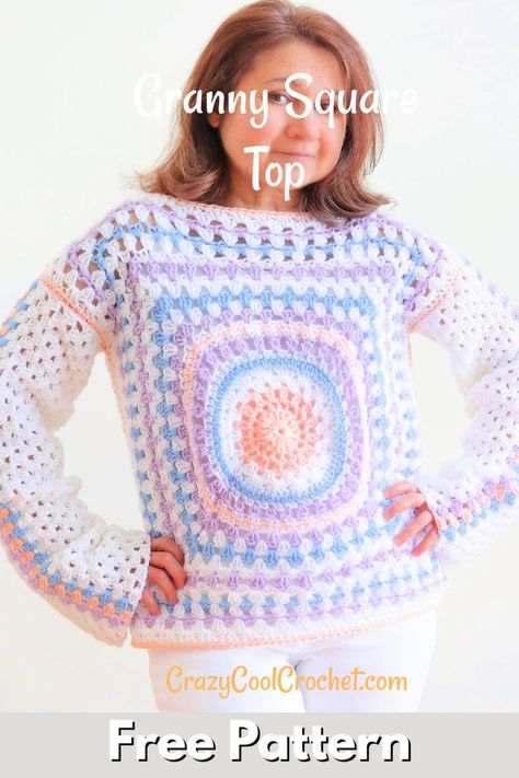 FREE PATTERN and VIDEO tutorial for this adorable Crochet Granny Square Top for women. Lightweight. Updated with pastels and long sleeves. Perfect crochet Easter top. Multiple sizes. #crochetgrannysquaretop #crochetgrannysquaretopwomen #crochetsummertop #crochetspringtop #crazycoolcrochet #crochettopfreepattern #grannysquaretop #grannysquares #grannysquarepattern #crochetforbeginners #freecrochetpatterns Granny Square Crochet Sweaters, Granny Tee Crochet Pattern, Granny Crochet Top Pattern, Crochet Granny Square Cardigans, Granny Square Tshirt Pattern, Crochet Granny Square Jumper Pattern, Crochet Granny Square Solid Color, Free Granny Square Sweater Pattern, Crochet Jumpers For Women Free Pattern