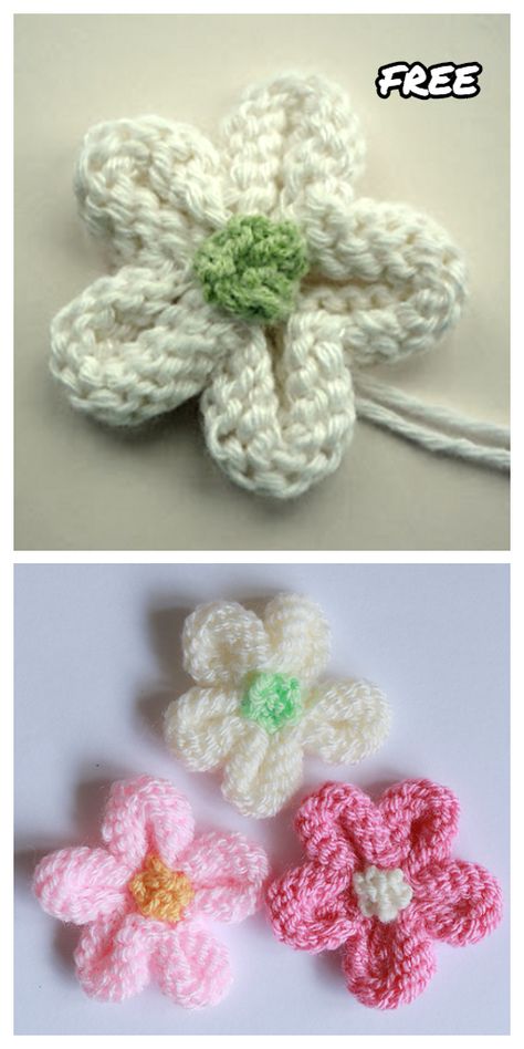 Knit 5-Petal Flower Free Knitting Patterns - Knitting Pattern How To Knit A Flower For A Hat, Knitted Daisy Flower, Knit A Flower Easy, How To Knit A Flower Easy, How To Knit Flowers Easy, Knitting Flower Pattern, Knit Flowers Free Pattern Easy, Small Knitted Flowers, Knitted Daisy Pattern