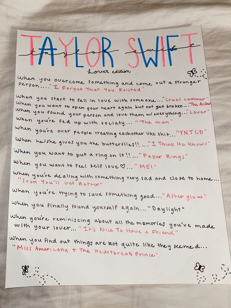 playlist for Taylor Swift’s Lover album for when your feeling some typa way lmao Taylor Swift Songs For Moods, Taylor Swift Spotify Names, Taylor Songs For When, Taylor Swift Song For Every Mood, Taylor Swift Song To Listen To When, Taylor Swift Quotes For Birthday, Best Taylor Swift Lyrics Quotes Lover, Taylor Swift Songs For Different Moods, Playlist Names For Taylor Swift