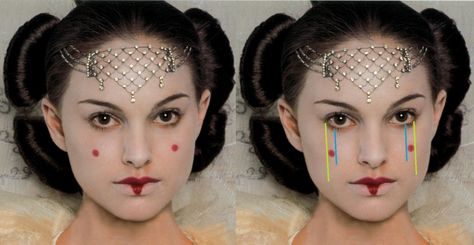 The Phantom Menace: Queen Amidala Royal Makeup Part – 1 – DIY The Galaxy Of Star Wars Amidala Makeup, Sith Makeup, Queen Amidala Costume, Makeup Placement, Royal Makeup, Star Wars Hair, Star Wars Makeup, Star Wars Halloween Costumes, Royal Dress