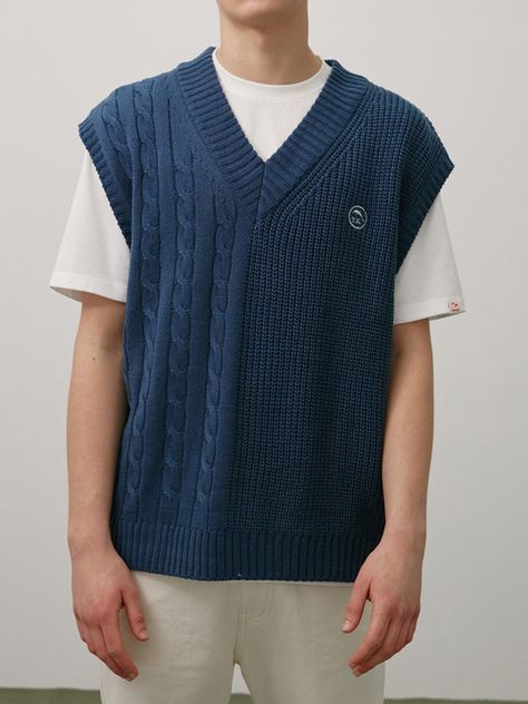 Blue Vest Outfit Men, Thrift Moodboard, Blue Vest Outfit, Knitted Vest Outfit, Blue Outfit Men, Knitting Logo, Vest Outfits Men, Grumpy Sunshine, Knit Vest Outfit