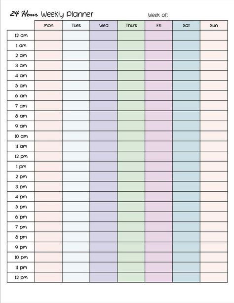 These free printable 24 hour weekly planner pages are perfect for organizing your busy life at a glance. Pick from a 24 hour weekly schedule with 12 hour time or a 24/7 planner printable with 24 hour time. Both versions are available in color and black and white – free! Organisation, Study Timetable Template, Study Planner Free, Study Planner Printable Free, Timetable Template, Weekly Schedule Printable, Weekly Planner Free Printable, Weekly Schedule Planner, Weekly Hourly Planner