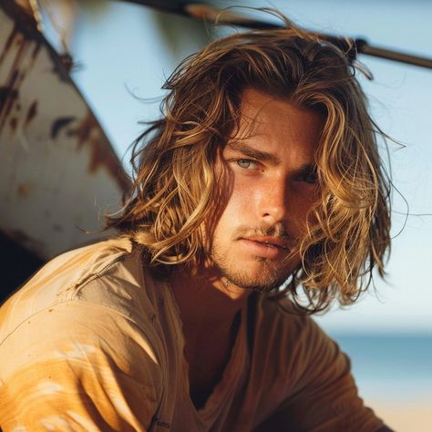 Surfer Men's Haircare Essentials for Perfect Waves – VAGA magazine Surfer Hair Men Medium, Mens Surfer Hairstyles Curly, Long Surfer Hair, Surfer Hair Men, Surfer Boy Hair, Surfer Curtains Hair, Men’s Long Hair, Surfer Curtains, Boys Surfer Haircut