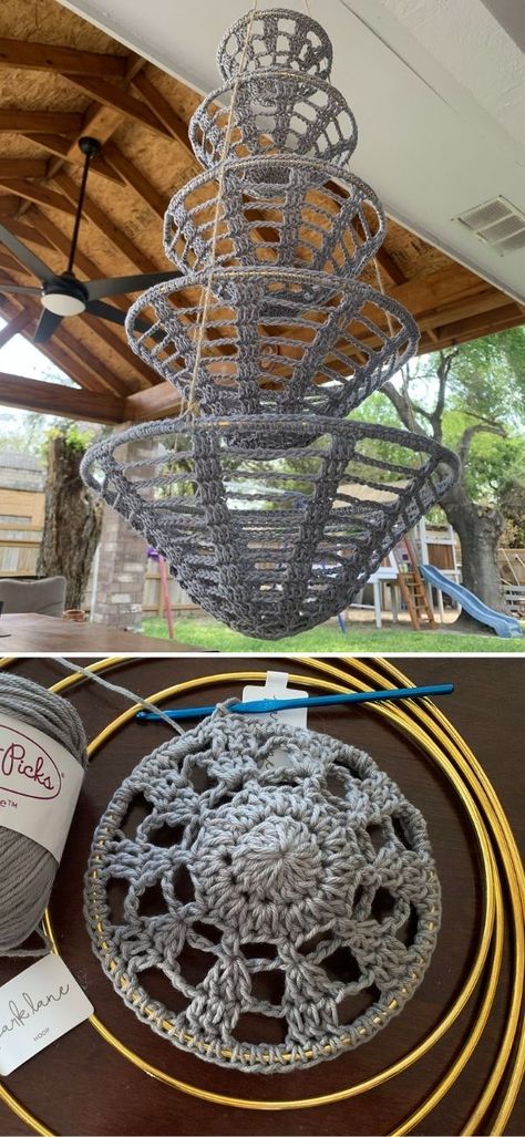 Amigurumi Patterns, Natal, Crochet Tiered Hanging Basket, Hanging Storage Crochet, Crochet Canopy Pattern, Crochet Hanging Shelves, Scrap Yarn Basket Crochet, Unique Crochet Home Decor, Embroidery Hoop Crochet