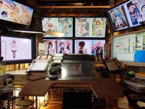 A Manga artists battlestation - Imgur Manga Artist Desk, Concept Artist Workspace, Artist Battlestation, Manga Artist Studio, Manga Artist Workspace, Manga Artist Aesthetic, Animation Workspace, Mangaka Workspace, Artist Desk Workspaces