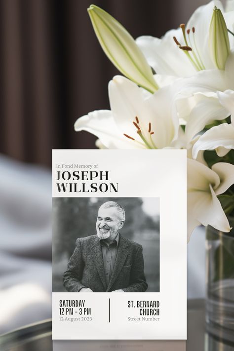 Simple and elegant monochromatic memorial program. Modern Funeral Program, Funeral Guest Book Ideas, Memorial Pamphlet, Memorial Templates, Funeral Design, Funeral Brochure, Template Craft, Funeral Guest Book, Obituary Template