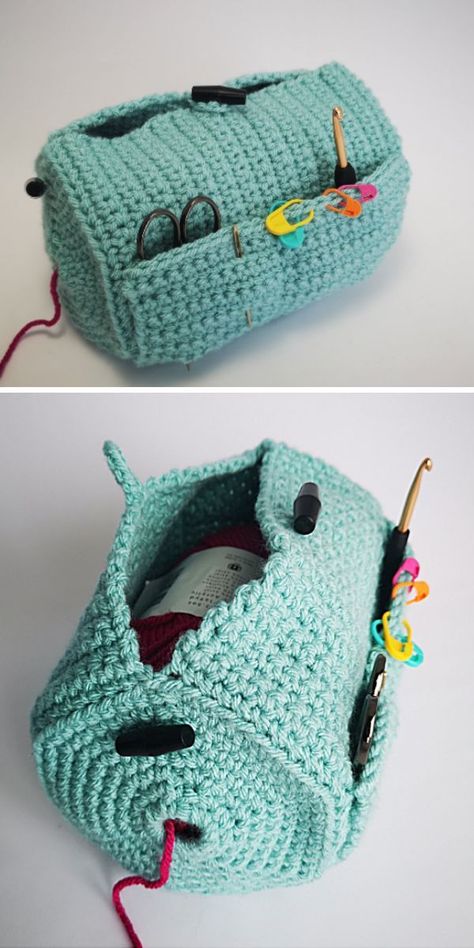 a crocheted bag with crochet tools Crochet Yarn Bag, Small Crochet Gifts, Quick Crochet Gifts, Crochet Project Free, Crochet Organizer, Crochet Pumpkin Pattern, Quick Crochet Patterns, Cozy Crochet Patterns, Crochet Storage