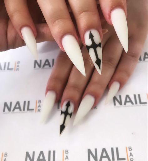 Gothic Manicure Ideas, Dark Nails Acrylic Almond, Goth White Nails, Black Milky Nails, Pierce The Veil Inspired Nails, Emo Nails Almond, White Alt Nails, White Gothic Nails, White Emo Nails