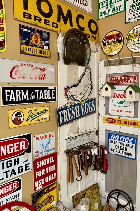 Wonderful Antique Signs, Farmhouse Inspired Signs and Vintage Accessories at our Geronimo, Texas antique store. Let Rags to Roosters help inspire all your home décor ideas! #HomeDecor #Antiques #Decor #Accessories #Farmhousestyle #Vintage #Clock. Vintage Metal Signs Decor, Vintage Sign Decor, Vintage Signs Retro Wall Decor, Vintage Signs Decor, Antiques Decor, Baseball Crafts, Tin House, Metal Signs Decor, Poker Room