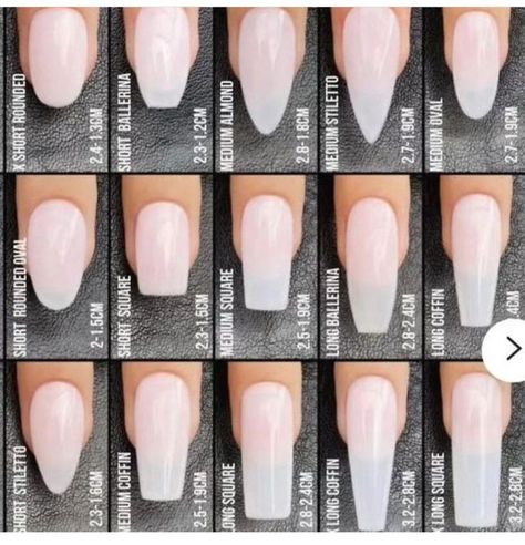 Different Nail Shapes On One Hand, Nail Sizes Shape Chart, Nail Shapes For Chubby Fingers, Gel Nails Shape, Nail Shape Chart, Types Of Nails Shapes, Nagel Tips, Smink Inspiration, Acrylic Nail Shapes