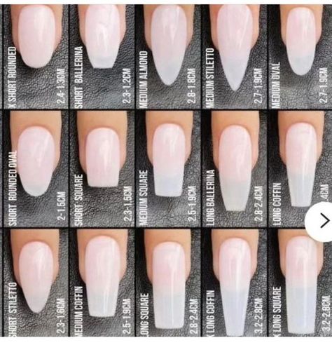 Different Nail Shapes On One Hand, Nail Sizes Shape Chart, Polish For Short Nails, Summa Nails, Gel Nails Shape, Nail Shape Chart, Types Of Nails Shapes, Nagel Tips, Girly Acrylic Nails