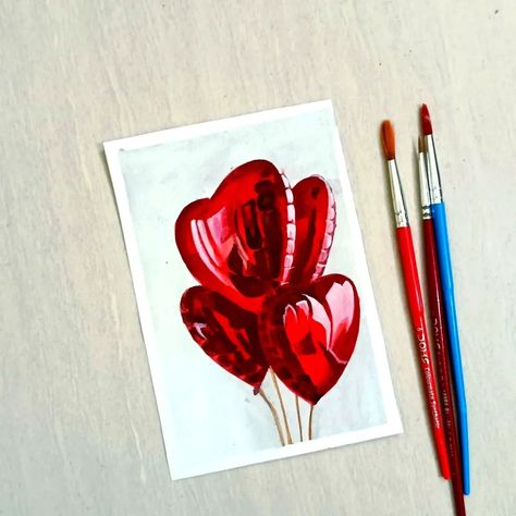 Group of red heart balloons are painted.Its a kind of realistic painting. Heart Balloon Painting, Balloon Painting Canvases, Ballon Painting, Red Heart Balloons, 2024 Bujo, Sketchbook Spreads, Valentine Drawing, Balloon Painting, Valentines Balloons