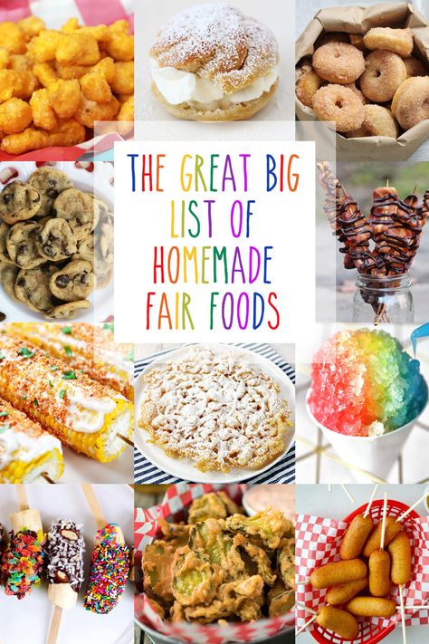 A collage of fair foods you can make at home. Essen, State Fair Food Recipes At Home, State Fair Recipes At Home, Fair Food Party Ideas, Fair Food Dessert, Concession Stand Food Ideas Football, Fair Themed Birthday Party Food Ideas, County Fair Recipes, Carnival Eats Recipes Fair Foods