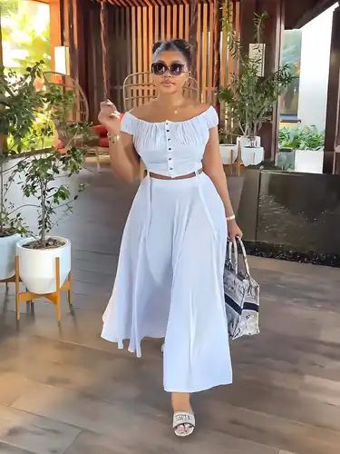 Casual Solid Two piece Set Shoulder Button Front Crop Top - Temu Fashion Two Piece Sets, Plus Size 2 Piece Outfit, 2 Pc Set Outfit Women, Pastel Vacation Outfits, Outfit For Breakfast Date, Feminine Outfits Plus Size, Chic Style Outfits Classy, Two Set Outfits, Feminine Plus Size Outfits