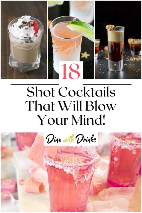 Collage of 4 shot cocktails. Drinks Alcohol Recipes Shots, Birthday Shooters Alcohol, Cute Shots Alcohol, Shots For Party Alcohol, Nye Shots Cocktail Recipes, Drinks Alcohol Recipes Bar, Cocktail Party Setup Ideas, Mini Bottle Cocktail Recipes, Birthday Party Shots