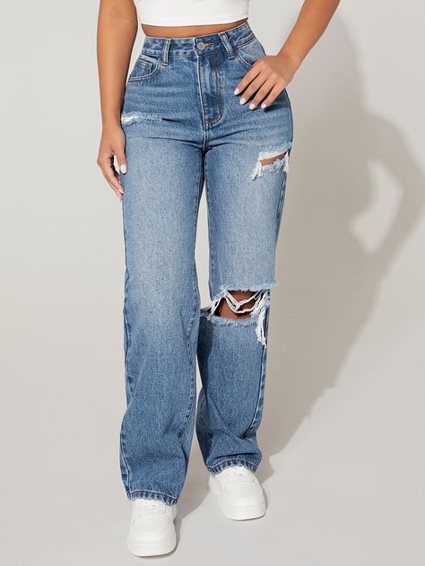 Medium Wash  Collar  Denim Plain Straight Leg Embellished Non-Stretch  Women Clothing Ripped Jeans Straight Leg, Ripped Straight Jeans, Ripped Straight Leg Jeans, High Waist Wide Leg Jeans, Jean Bleu, Straight Cut Jeans, Traje Casual, Lined Jeans, Distressed Denim Jeans