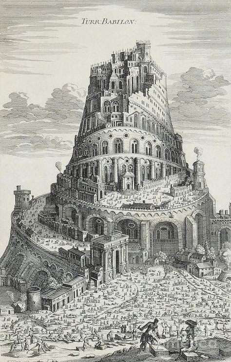 The legendary Tower of Babel is said to have been the largest construction endeavor of antiquity. Its goal being to build a tower that reached the heavens, myths tell how the gods disliked this new level of human ambition, so they confused their languages to prevent the tower’s completion. (Babylon, Babylonian Empire) Croquis, Babylon Empire, Babylon City, Babylonian Empire, Babylon Art, Tower Of Babylon, Tower Drawing, The Chronicles Of Riddick, Masonic Art