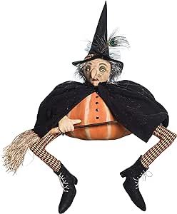 C&F Home Halloween Gourdisha Pumpkin Witch Folk Art Doll Collectible, Joe Spencer Gathered Traditions Home Decor Figures Figurines 23" x 12" x 27" Multicolored Figurine, Joe Spencer, Witch Figurines, Striped Stockings, Witch Design, Pumpkin Spider, Folk Art Dolls, Halloween Scene, Witch Doll