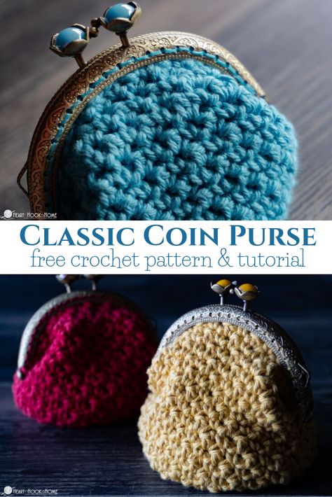 This Classic Coin Purse crochet pattern doubles as a tutorial on how to sew a kiss clasp to a crocheted piece. Make one with this easy-to-follow tutorial. Crochet A Purse Free Pattern, Crocheted Coin Purse Free Pattern, Kiss Clasp Crochet Purse Pattern, Change Purses To Sew, Coin Purse Pattern Crochet, Crochet Kiss Clasp Coin Purse Pattern, Crocheted Coin Purse, Crochet Clasp Coin Purse Free Pattern, Knitted Coin Purse Free Pattern