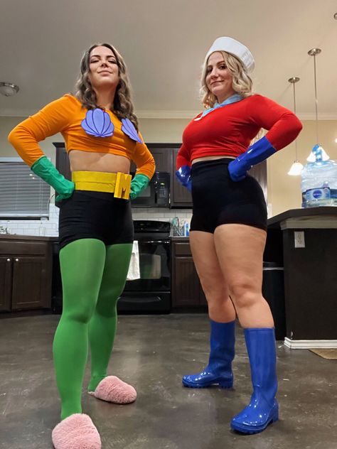 Spongebob Characters Halloween Costumes, Spongebob Show Costumes, Spongebob Duo Costume, Cute Spongebob And Patrick Costumes, Zenon Costume Diy, Shark And Life Guard Costume, Darwin And Gumball Halloween Costume, Spongebob Theme Party Costume, Merman Costume Spongebob