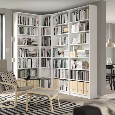 Shelving Units, Bookcases & Pantry Storage - IKEA Shelving Office Wall, Bookcase Tv Unit Bookshelves, Corner Billy Bookcase With Doors, Wall Of Bookcases Living Room, Billy Bookcase Hack Corner, Home Library White Shelves, Book Shelves In Corner, Book Office Design, White Bookshelves Office