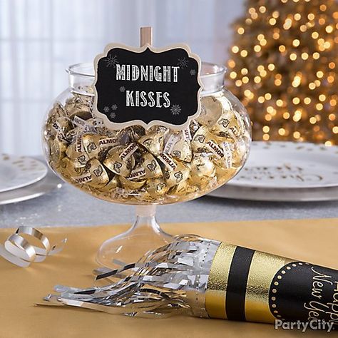 Shop Milk Chocolate Almond Hershey's Kisses 115ct, CLEAR Plastic Pedestal Bowl, Scroll Chalkboard Label Clips 8ct, Black & Gold Fringe Happy New Year Party Horn and more New Year Decor Ideas, Gold Party Theme, New Years Eve House Party, Balloon Decor Ideas, White And Gold Party, New Years Party Themes, New Year's Eve Decorations, New Year's Eve Party Themes, New Years Dinner Party