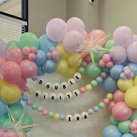 Celina Alday on Instagram: "Double Digits Era #balloondisplay #taylorswiftbirthdayparty #swiftyballoons #marana #eventdecor #pastelballoons" Double Digits Era Party, Double Digit Era Birthday, In My Double Digits Era, Double Digits Birthday Ideas, Double Digit Birthday Ideas, Ideas Cumpleaños, Balloon Garland Diy, Taylor Swift Birthday, Garland Diy