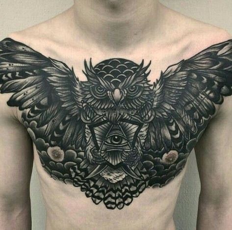 Owl Tattoo Chest, Tato Dada, All Seeing Eye Tattoo, Hyper Realistic Tattoo, Tattoo Chest, Torso Tattoos, Cool Chest Tattoos, Owl Tattoo Design, Pieces Tattoo