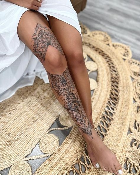 Woman’s Elbow Tattoo, Hip To Knee Tattoos Women, Rock And Roll Hand Tattoo, Polynesian Leg Tattoos Women, Ladies Leg Tattoos, Women’s Leg Tattoos, Front Leg Tattoo Women, Pretty Leg Tattoos For Women, Leg Sleeve Women
