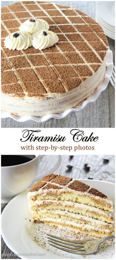 Moist sponge cake soaked in coffee liqueur and layered between a rich mascarpone based cream. This tiramisu cake is guaranteed to become a new favorite Coffee Liqueur Cake, Moist Sponge Cake, Baking Cheesecake, Tiramisu Recept, Tiramisu Cake Recipe, Rodjendanske Torte, Coffee Cheesecake, Coffee Liqueur, Simply Home