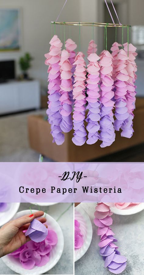 Crepe Paper Wisteria, Paper Wisteria, Crepe Paper Decorations, Crepe Paper Crafts, Snowflake Cutouts, Paper Decoration, Turkey Crafts, Diy Budget, Paper Flower Crafts