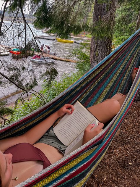 Hammock Book Aesthetic, Nature, Sleeping Outside Aesthetic, Outdoor Vibes Aesthetic, Reading In A Hammock Aesthetic, Outside Activities Aesthetic, Camping Lake Aesthetic, Hammock Pictures Photo Ideas, Reading In A Hammock