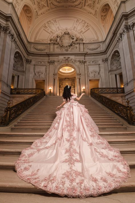 Stunning train of quinceanera's pink princess dress for San Francisco City Hall pre-event session captured by wedding and portrait photographer based in Sacramento CA Couture, Princess Royalty Quinceanera Theme Pink, Pink Wedding Dress Princess, Quinceanera Wedding Dress, Champagne Quinceanera Dresses Butterfly, Quinceanera Dresses Long Tail, Sweet 16 Princess Dresses, Long Train Quinceanera Dresses, Pink Quinceanera Dresses Long Tail