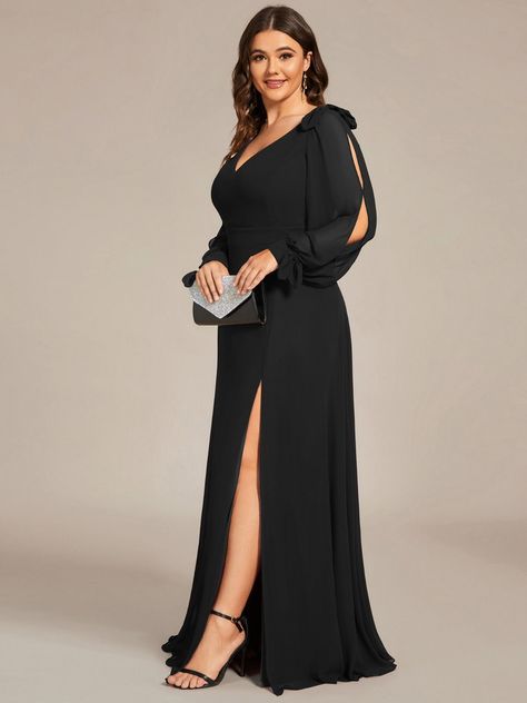 Plus Size Open Lantern Sleeve A-Line Bridesmaid Dress Open Lantern, Prom Dresses Sparkly, Long Sleeve Bridesmaid Dress, Floor Length Chiffon Bridesmaid Dresses, Floral Prom Dresses, Bridesmaid Dresses Plus Size, Black Bridesmaid Dresses, Looks Plus Size, Elegant Dresses For Women