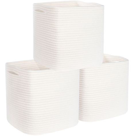 PRICES MAY VARY. Decorative Woven Storage Bins - A stylish and practical way to create eye-catching table and counter-top displays. Not only will these 11x11 inch cute square basket set help you get organized, but their sleek, sophisticated shape and neutral color will complement any decor. Put them on a nightstand, a bedside table, a nursery side table, walk-in closet, shelves, kitchen countertop, or bathroom vanity top to add character to your rooms while keeping everything organized. Handcraf Cube Organizer Closet, Dorm Room Organization Storage, College Dorm Room Organization, Classroom Bathroom, Cube Storage Bin, Bathroom Pantry, White Bin, Shelf Baskets, New Bathroom Ideas