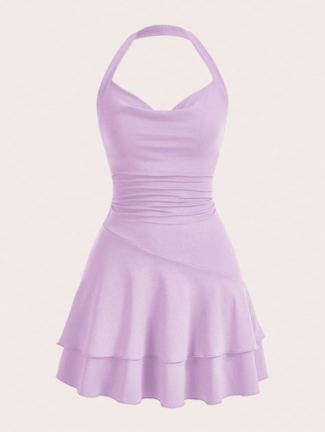 Lilac Purple Sexy Collar Sleeveless Knitted Fabric Plain Cami Embellished Medium Stretch  Women Clothing Simple Purple Dresses, Classy Purple Dress, Simple Purple Dress, Vestidos Shein, Purple Summer Dress, Pleated Halter Dress, Classy Fall Outfits, Vestidos Halter, Cute Dress Outfits