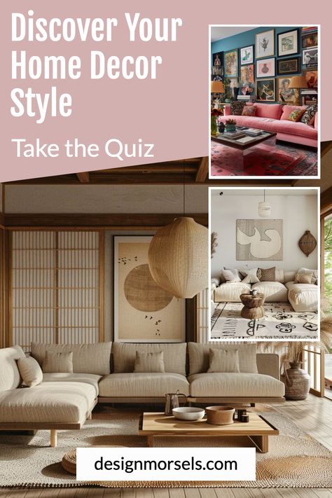 three examples of design styles in living room with text overlay discover your home decor style take the quiz Home Decor Aesthetic Types, What Is My Decorating Style Quiz, Home Decor Styles Quiz, What Is My Decorating Style, Home Styles Types Of Interior, Interior Design Quiz, Styles Of Decor, Design Styles Types Of Interior, Types Of Home Decor Styles