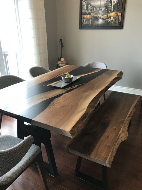 Rustix Studio- Live Edge Walnut Black River resin table with bench Resin Wood Table, Wooden Outdoor Furniture, Wood Resin Table, Unique Dining Tables, Live Edge Furniture, Black River, Studio Living, Resin Furniture, River Table