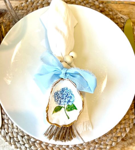 Destination Wedding Table Decor Idea Blue Hydrangea. Beachy Shell Napkin Ring for Beach Wedding & Coastal Engagement Party Tablescape Idea - Etsy