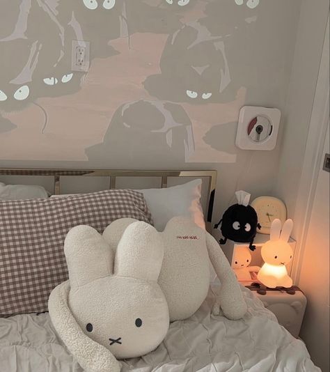 room inspo from @dimsum_gurl on instagram. #miffy #studioghibli #inspo #inspiration #cute #aesthetic #sprites #beige #white White Miffy Aesthetic, Beige And White Room Aesthetic, Miffy Furniture, Miffy Room Aesthetic, Miffy Room Decor, Miffy Pillow, Aesthetic Minimalist Apartment, Miffy Bedroom, Beige Room Aesthetic