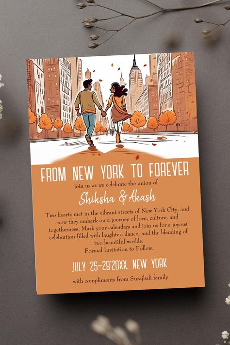 from New York to forever Indian save the date invitation unique romantic save the date Indian Save The Date, Couple In New York, Holding Hands And Walking, Walking In The Street, Save The Date Inspiration, Invitation Unique, Unique Save The Date, Hindu Wedding Invitations, Indian Couple