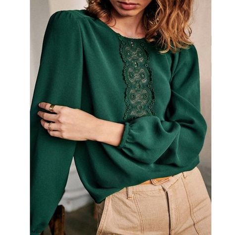 Sezane Emerald Green Blouse ******* NWT Green Blouse Outfit, Emerald Blouse, Sezane Blouse, Emerald Green Blouse, Style Parisienne, Lace Braid, Green Ivy, Personal Style Inspiration, Pine Green