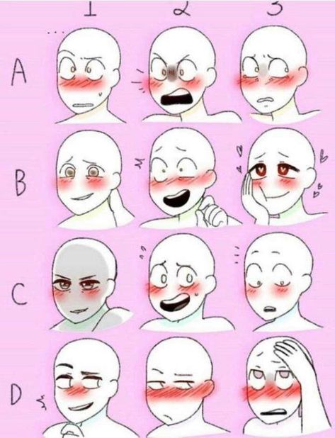 diiferent-face-expressions-easy-anime-drawings-pink-background How To Draw Happy Faces, Drawing Base Pose Reference Scared, Shy Facial Expression, Nervous Smile Drawing, Shy Face Reference, Flustered Drawing, Scared Expression Drawing, Shy Character Poses, Shy Drawing