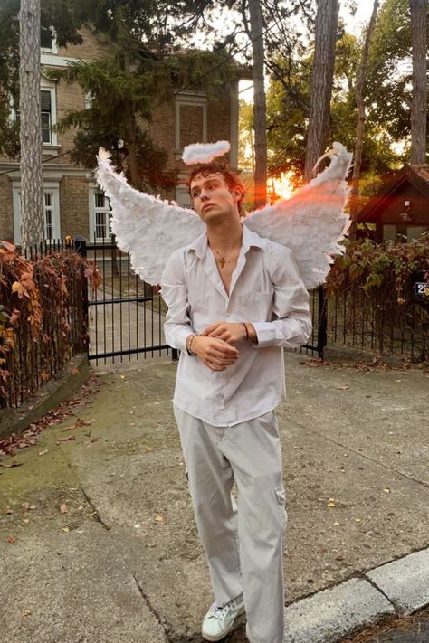 20 Last Minute Halloween Costumes Men Can Easily Recreate - Its Claudia G Cute Male Halloween Costumes, Male Angel Halloween Costume, Angel Costume Men Halloween, Guy Rave Halloween, Holloween Costume Ideas Guy, Angel Costume Aesthetic Men, Halloween 2023 Ideas Costume, Men’s Angel Costume, Transmasc Halloween Costumes